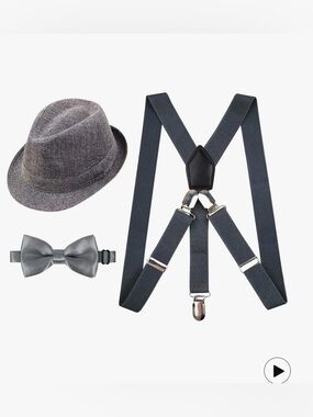 Elastic Braces 3 Clip Suspender and Bow Tie Set with Fedora Hat